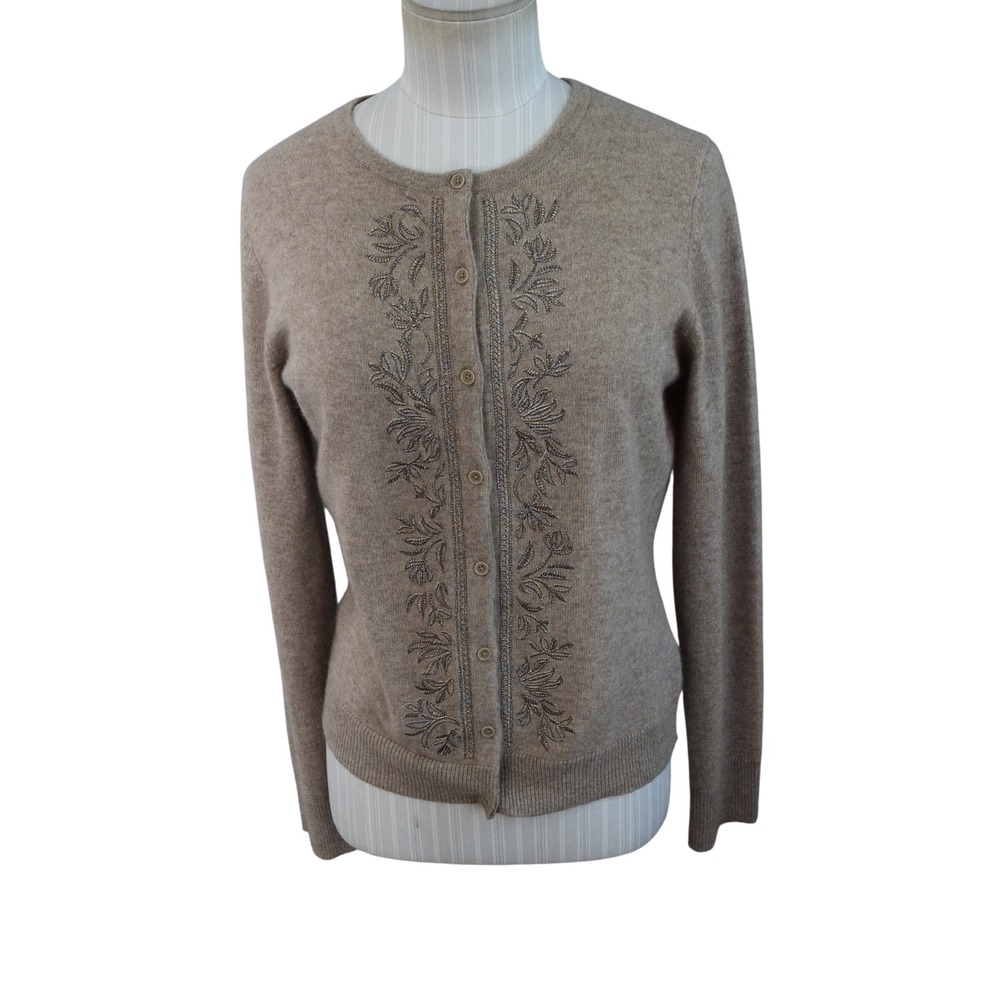 Garnet Hill Cardigan S Tan 100% Cashmere Beaded Floral Embroidered Women Sweater